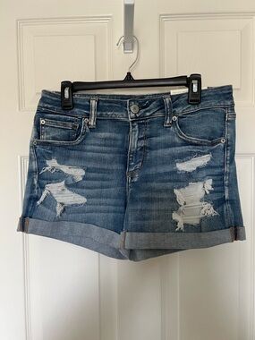 American Eagle Distressed Blue Denim Midi Roll-Cuff Women's Shorts